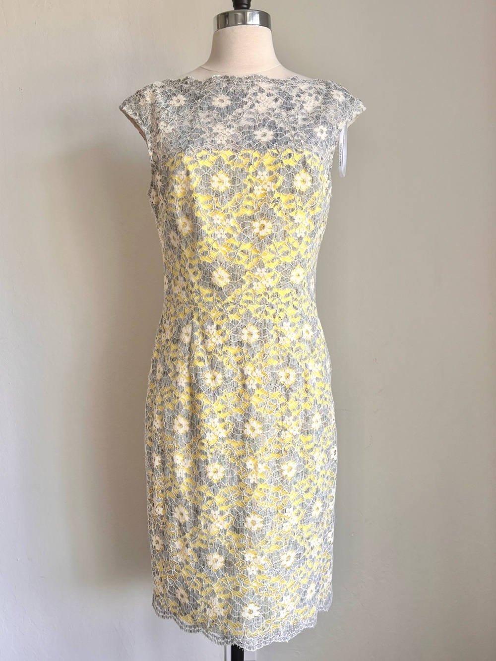 Maggy London Floral Lace Overlay Boatneck  Sheath Dress, Gray Yellow, Sz 12